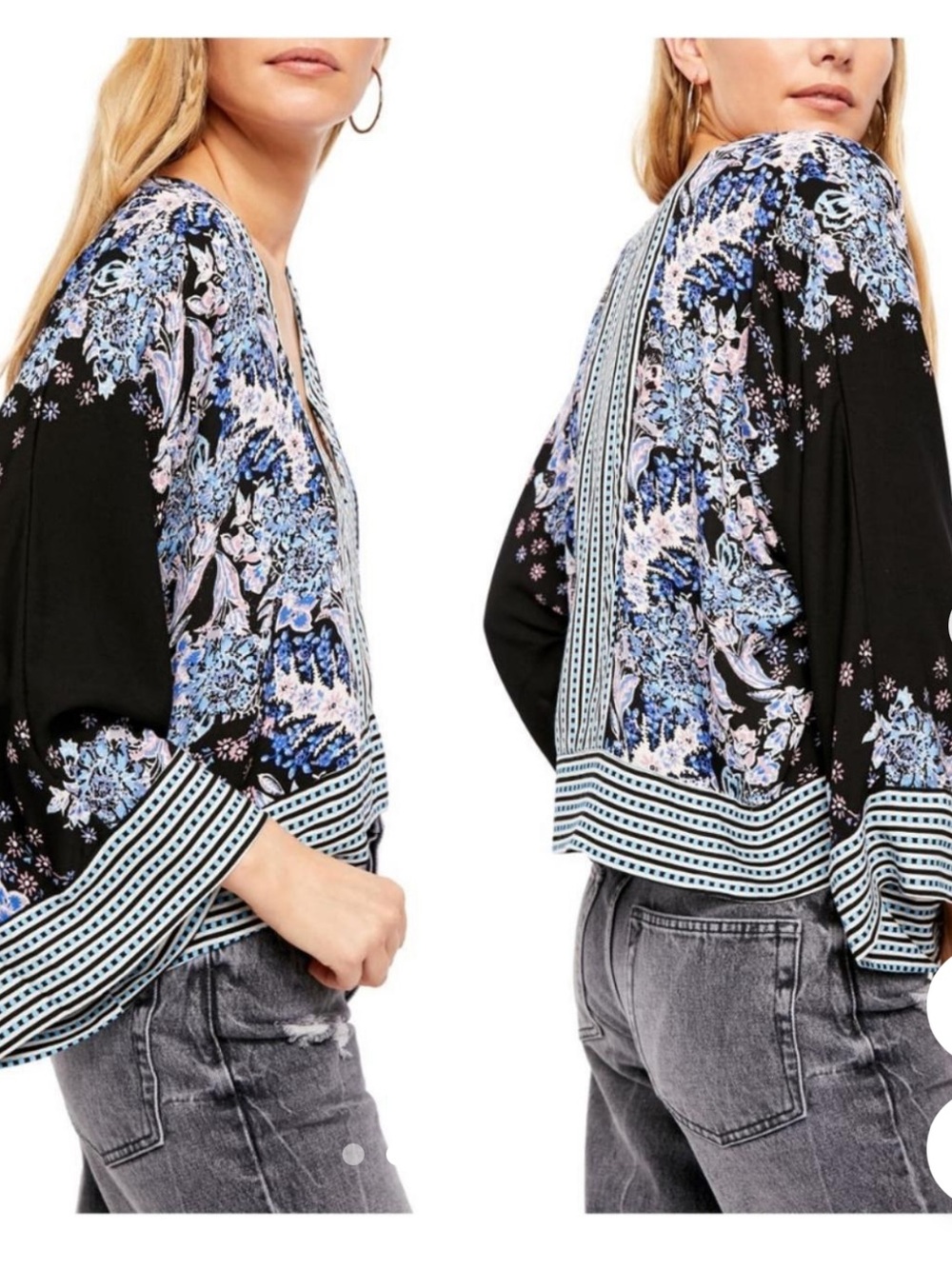 Free People Mixed Print Boho Blouse Bell Sleeve Top Size S - Picture 2 of 12